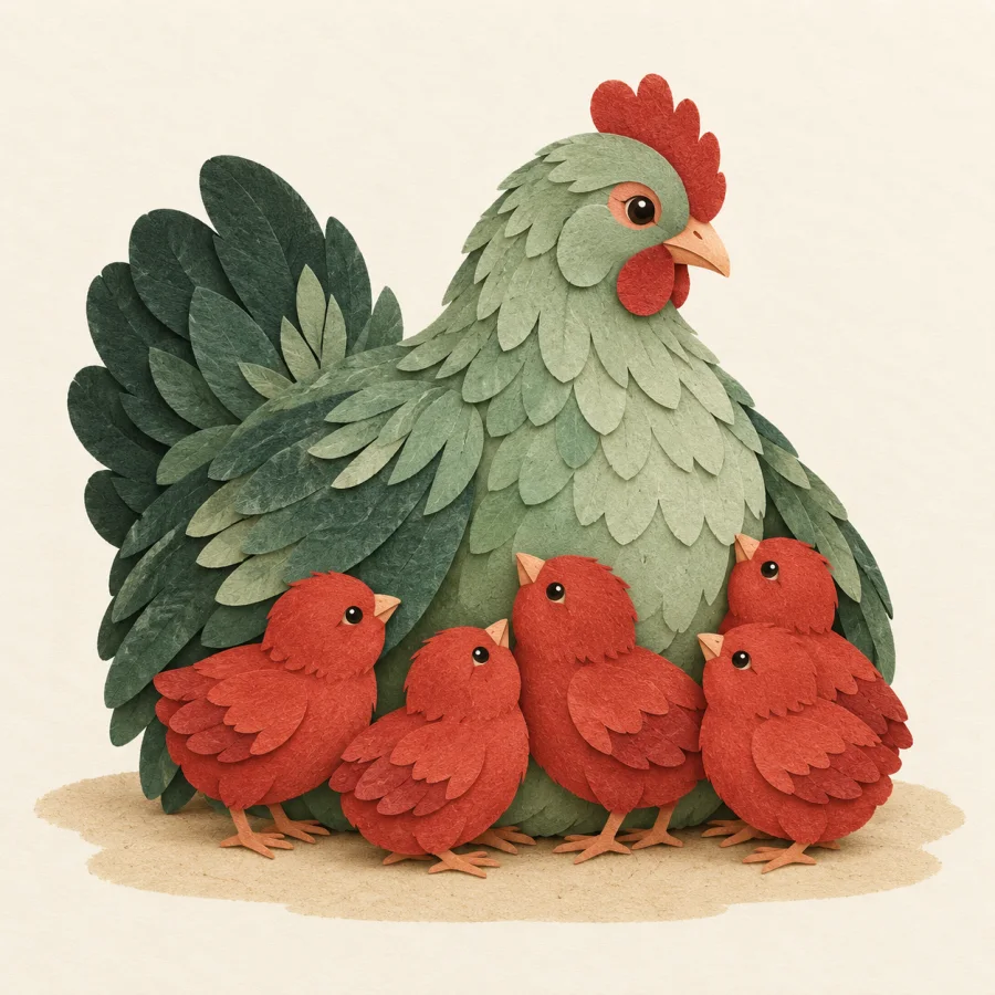 Small red chicks huddle close to a big green hen