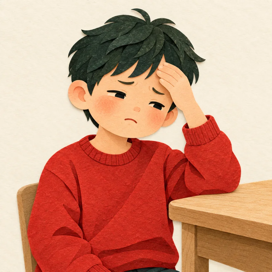 A child rubs their forehead beside a table corner