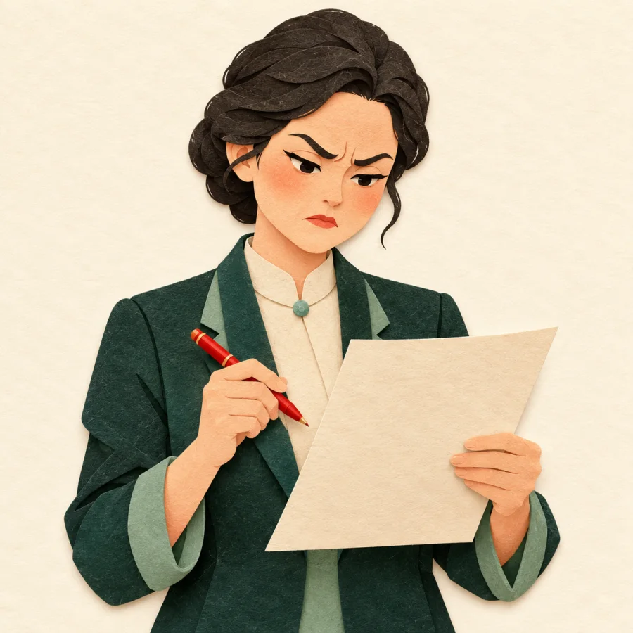 A stern teacher frowns over a student's paper