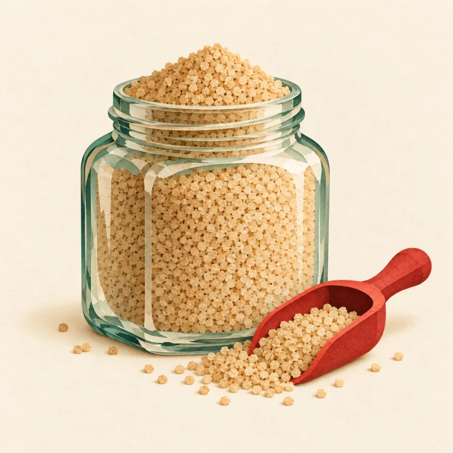 A glass jar of tiny granules with a small red scoop