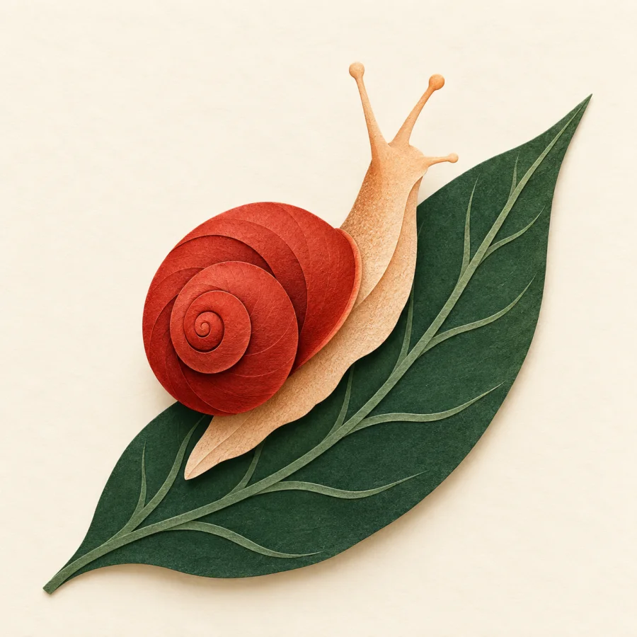 A snail with a red shell crawls up a green leaf
