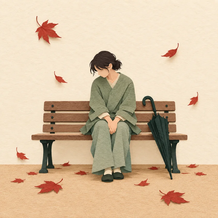 A lonely person sits on a bench with bowed head