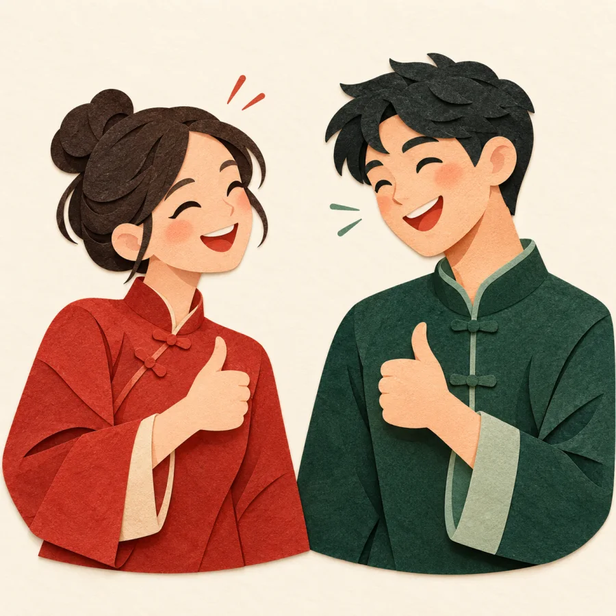 Two people smile and nod at each other in agreement