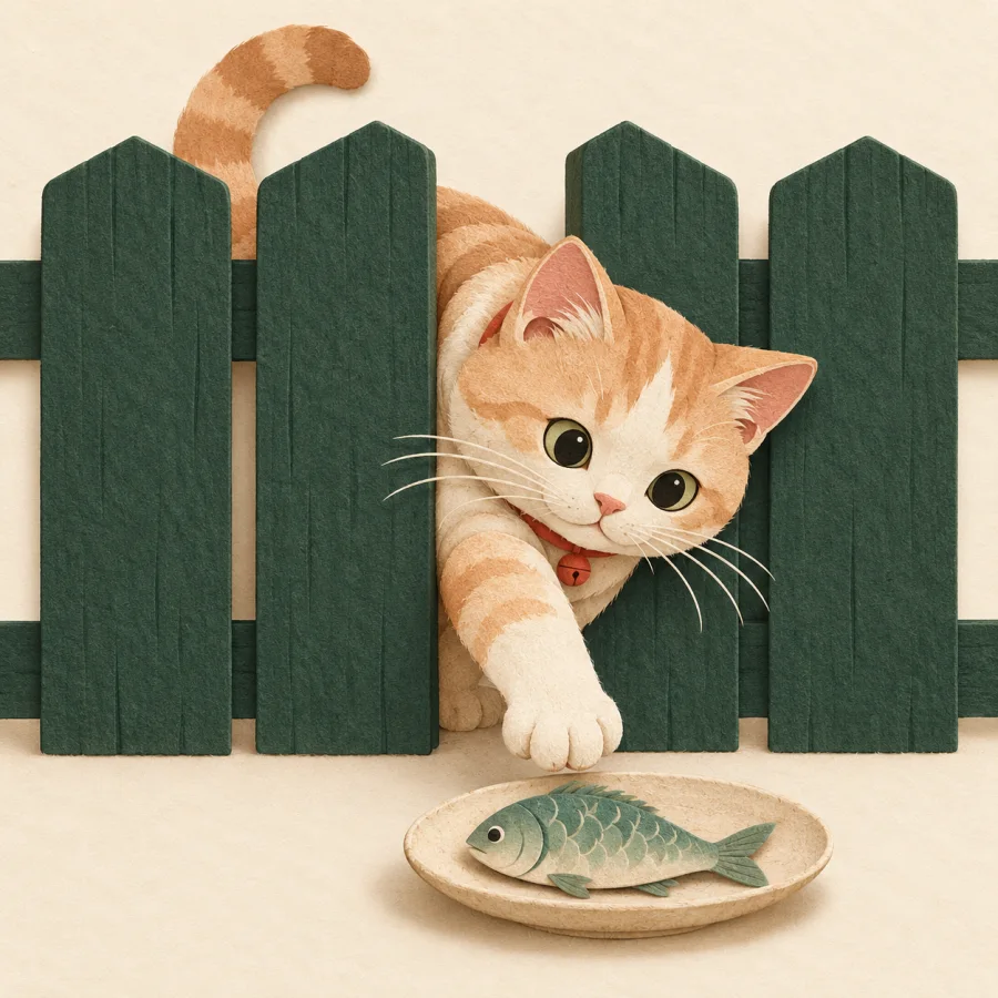 A cat squeezes through a fence gap toward a fish