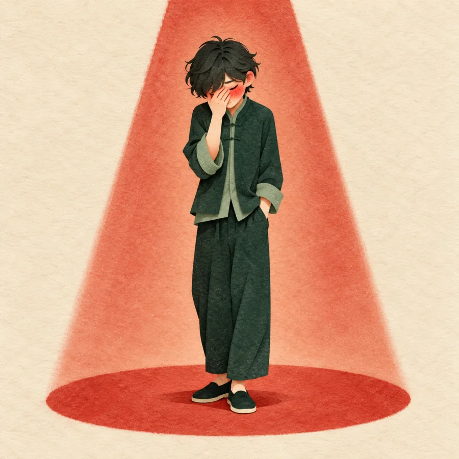 A person stands head bowed, hand covering the face
