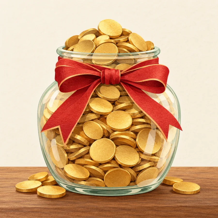 A glass jar overflowing with gold coins