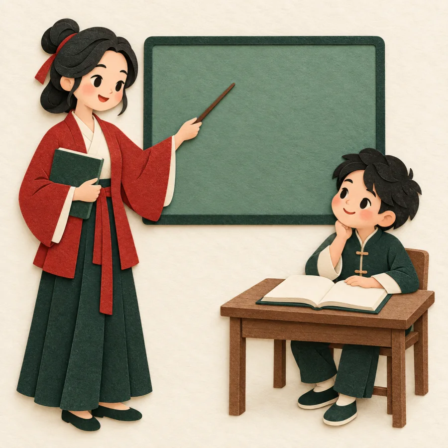 A teacher pointing at a board