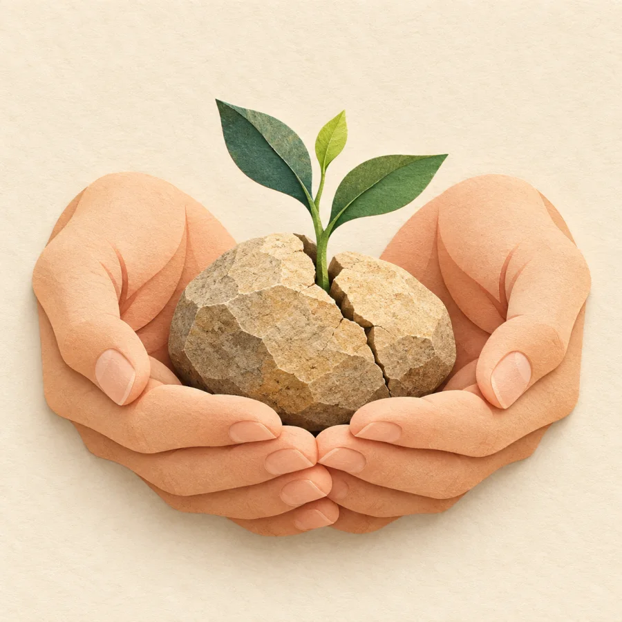 Two hands cradle a sprout growing from a stone