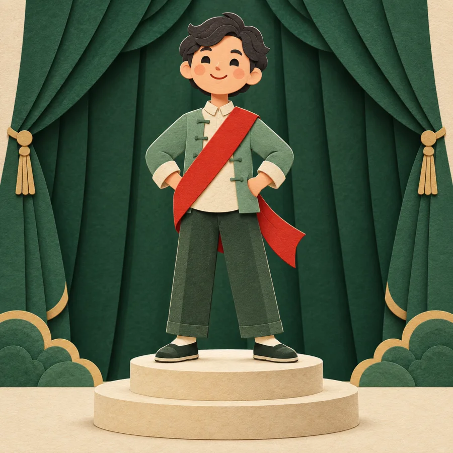A smiling person on a small podium wearing a red sash