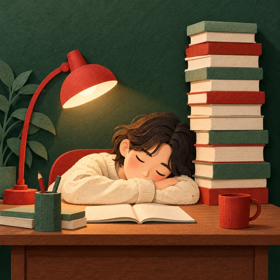 A tired student sleeps at a desk under a tall stack of books