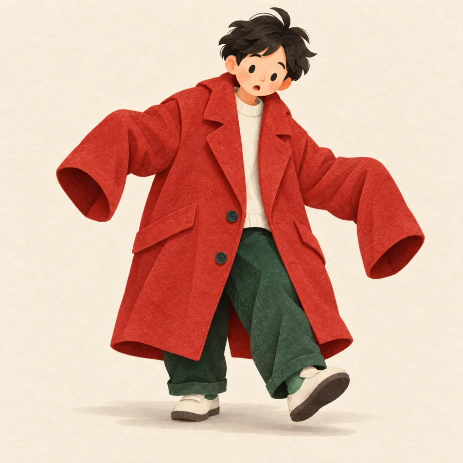 A person stumbles in an oversized red coat
