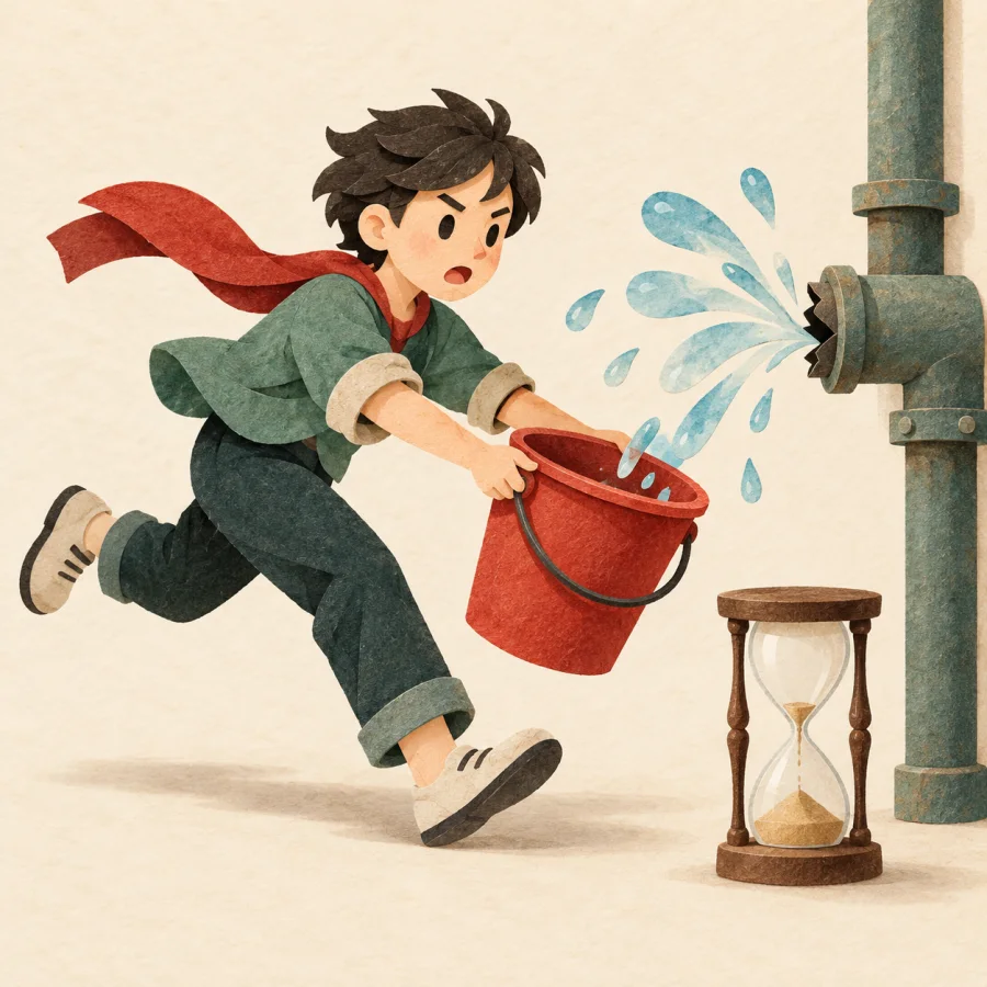 A person runs with a bucket to a burst pipe