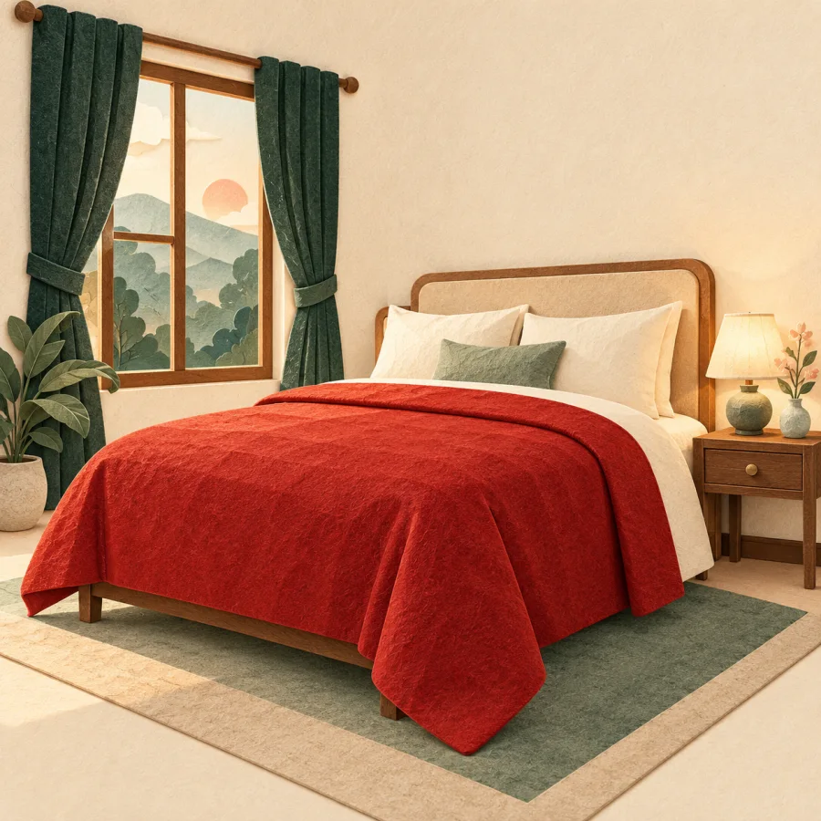A tidy hotel room with a bed and red blanket