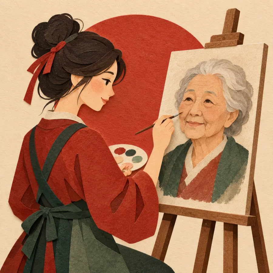A painter carefully paints a portrait of an old person
