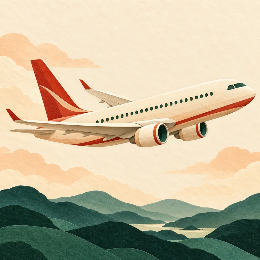A large passenger plane flies over green hills