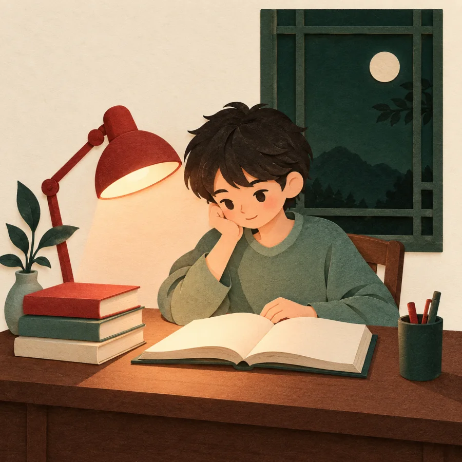 A student studies late at night by a red lamp