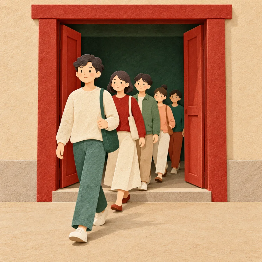 A stream of people walks through a wide shop doorway