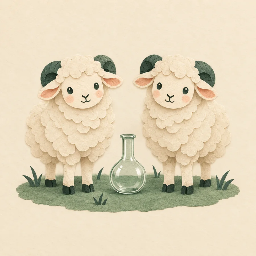 Two identical sheep stand side by side in a meadow