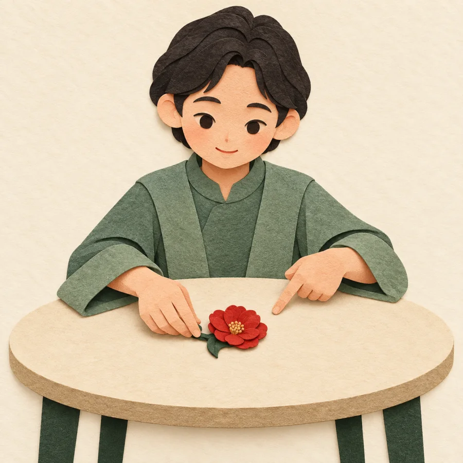 A person places a red flower exactly at the table's center