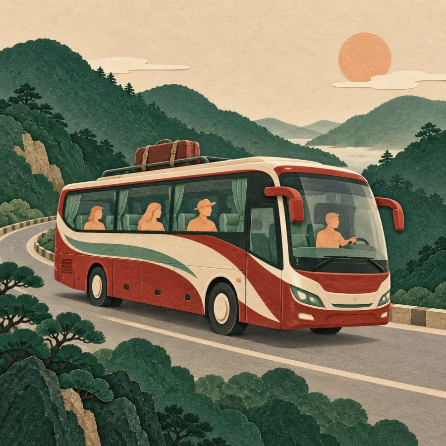 A long-distance bus with passengers drives through hills