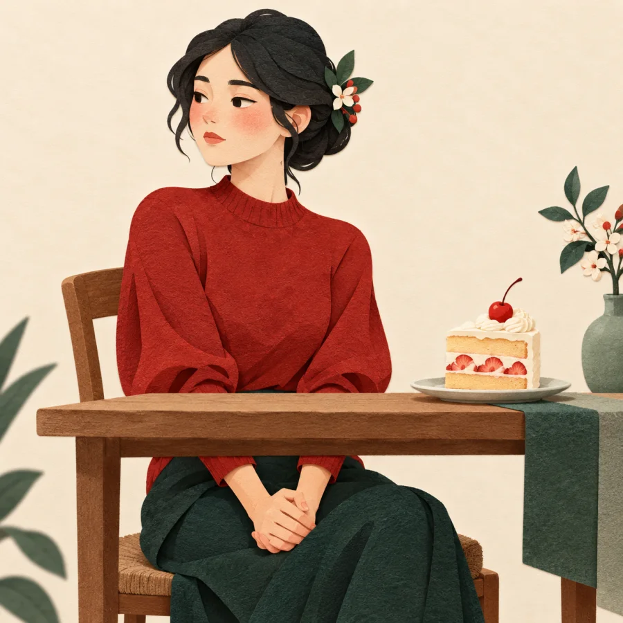 A person at a table looks away from a tempting cake