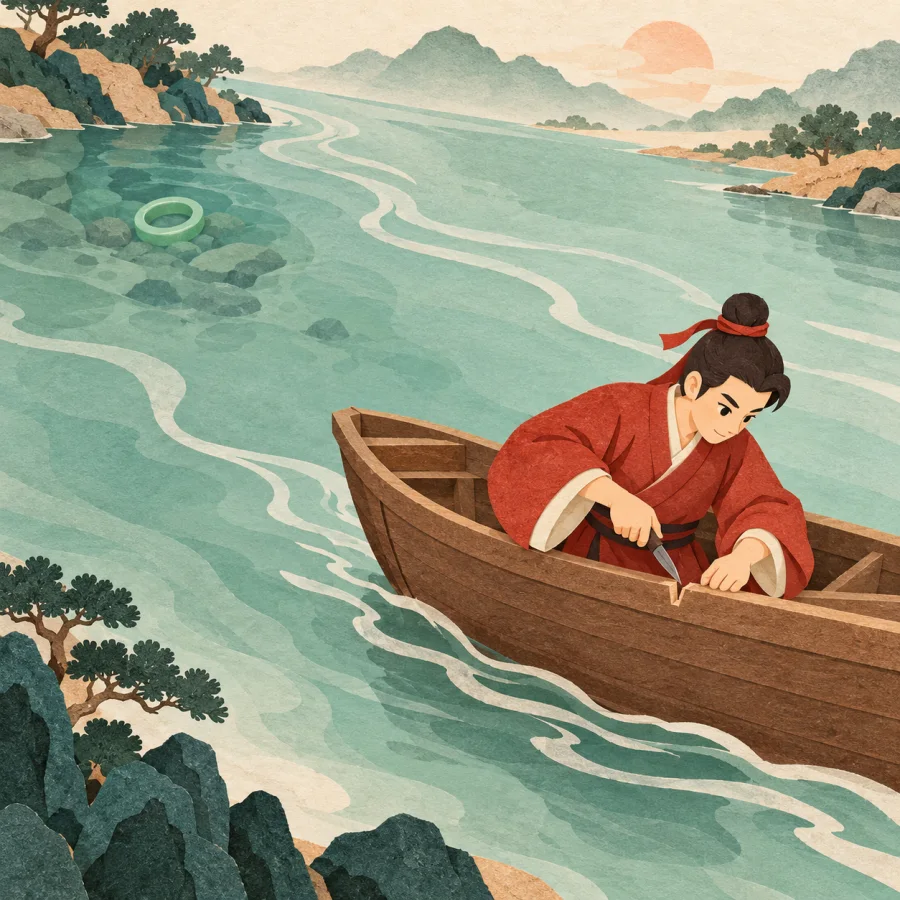 A person in a boat carves a notch where a ring fell