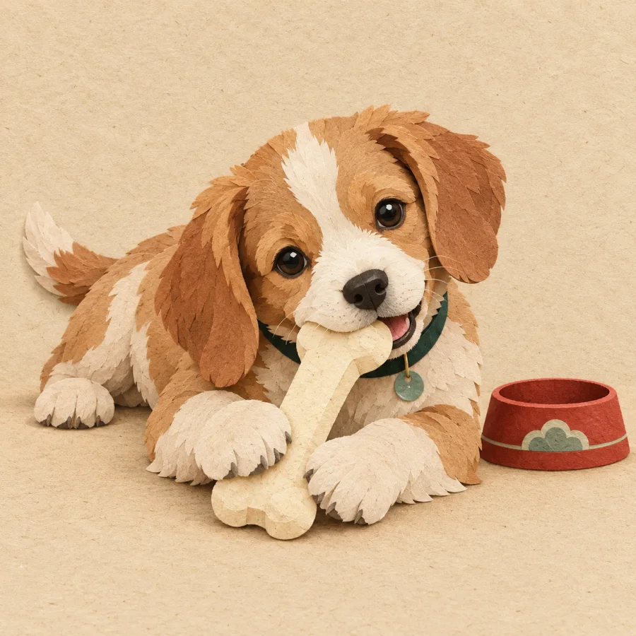 A puppy gnaws on a large bone