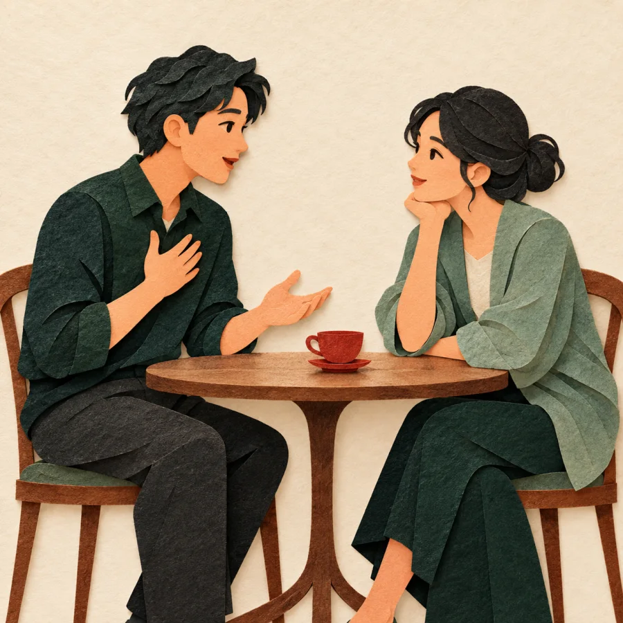 Two people at a table, one speaking sincerely, one listening