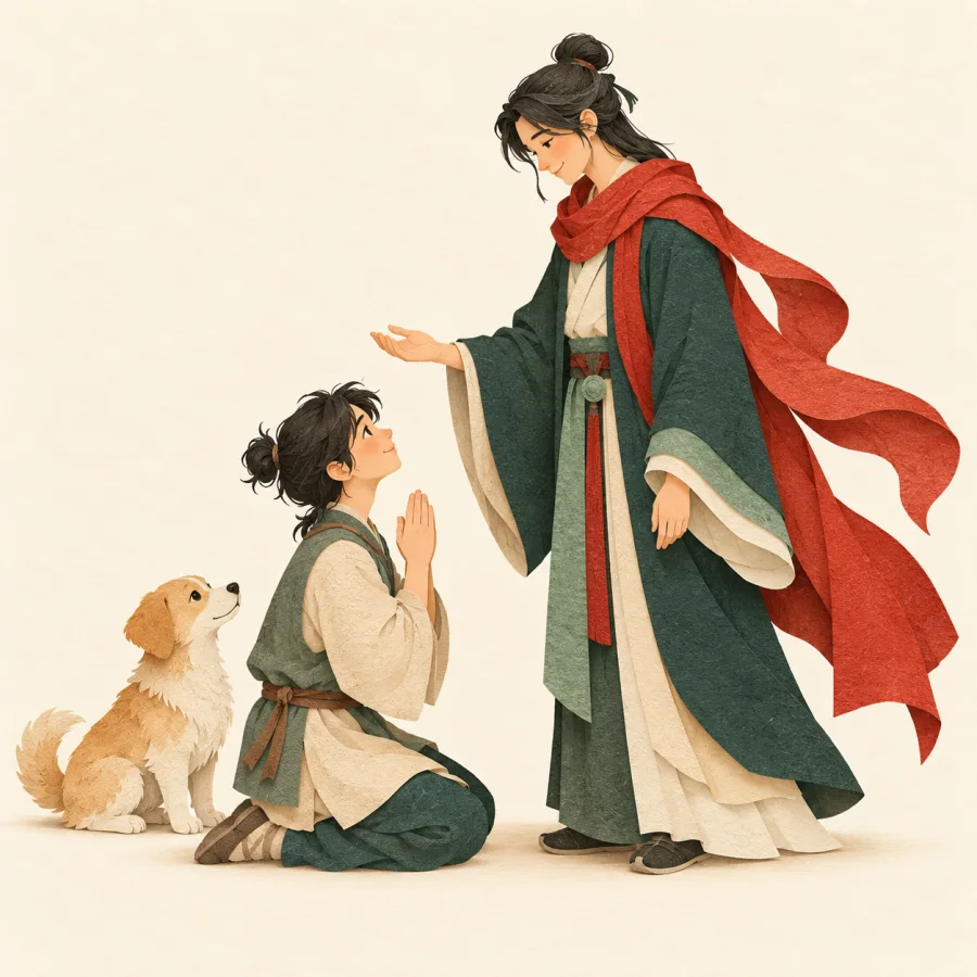 A person kneels with hands pressed together before another