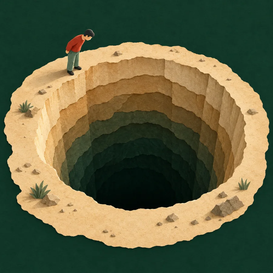 A person stands at the edge of a deep pit looking down