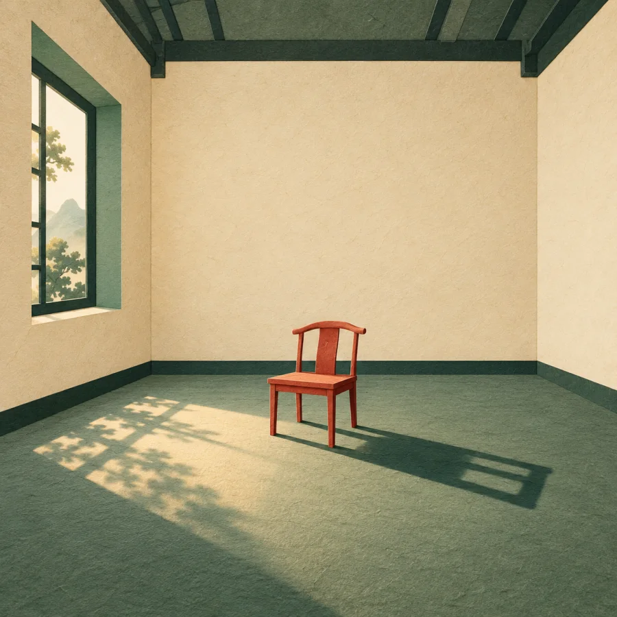 A large empty room with one small chair in the middle