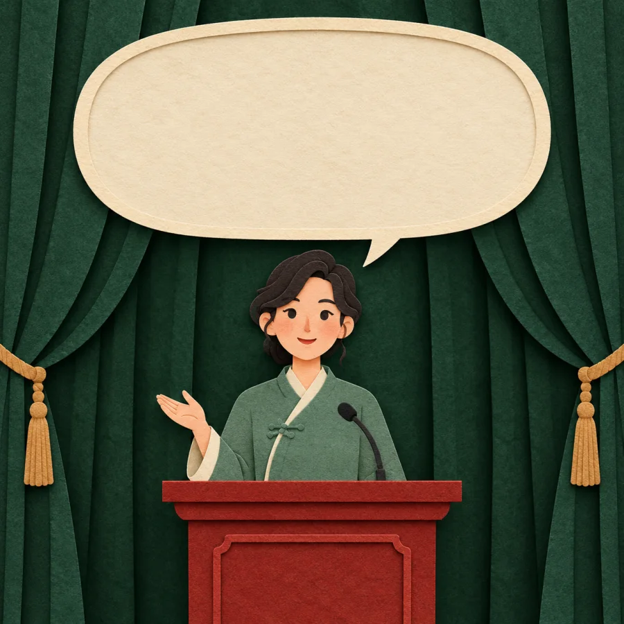 A person at a podium with an empty speech bubble above