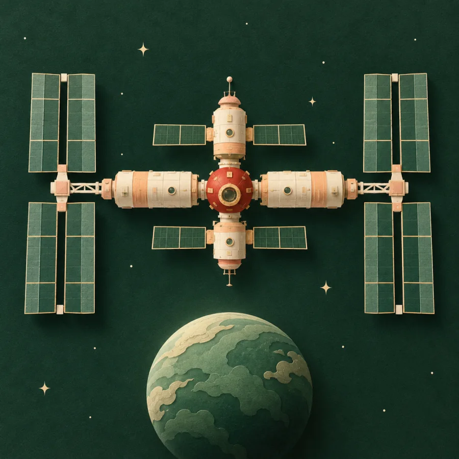 A space station with solar panels above a small planet