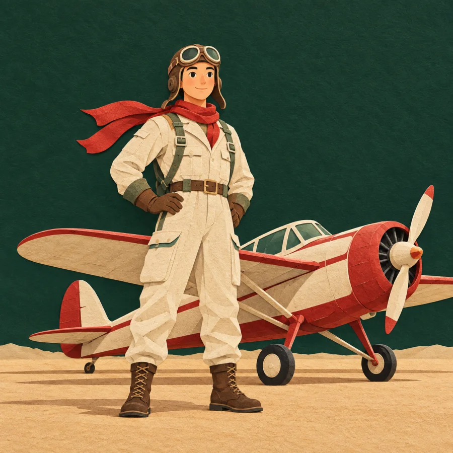 A pilot in goggles stands beside a propeller plane