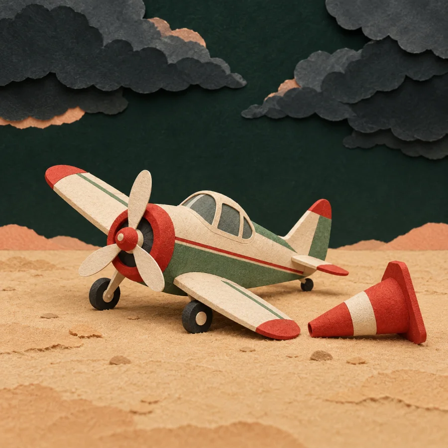 A toy plane lies tilted beside a tipped-over cone