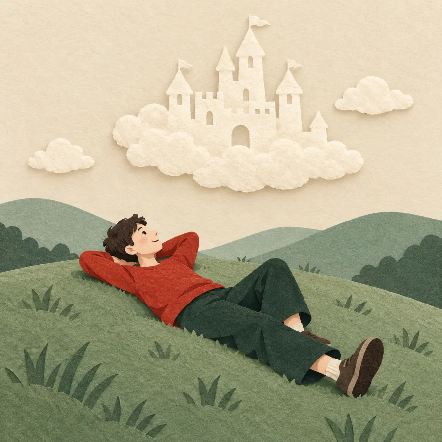 A person lies on grass gazing at a castle-shaped cloud