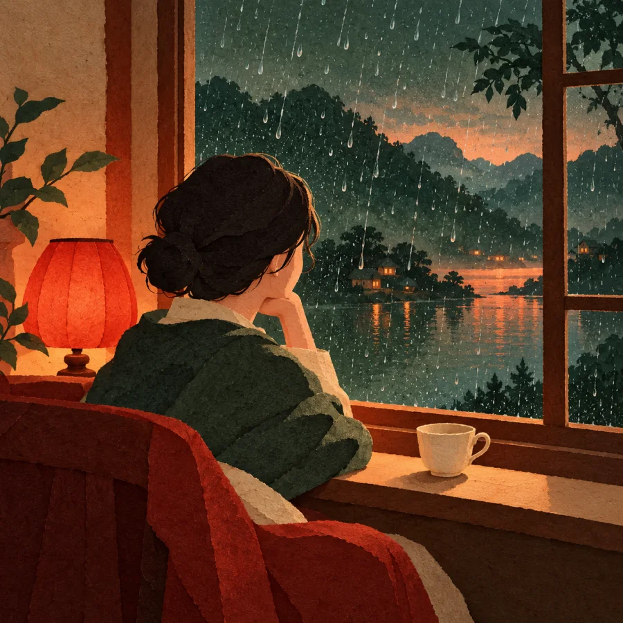 A lonely person sits at a window watching the rain