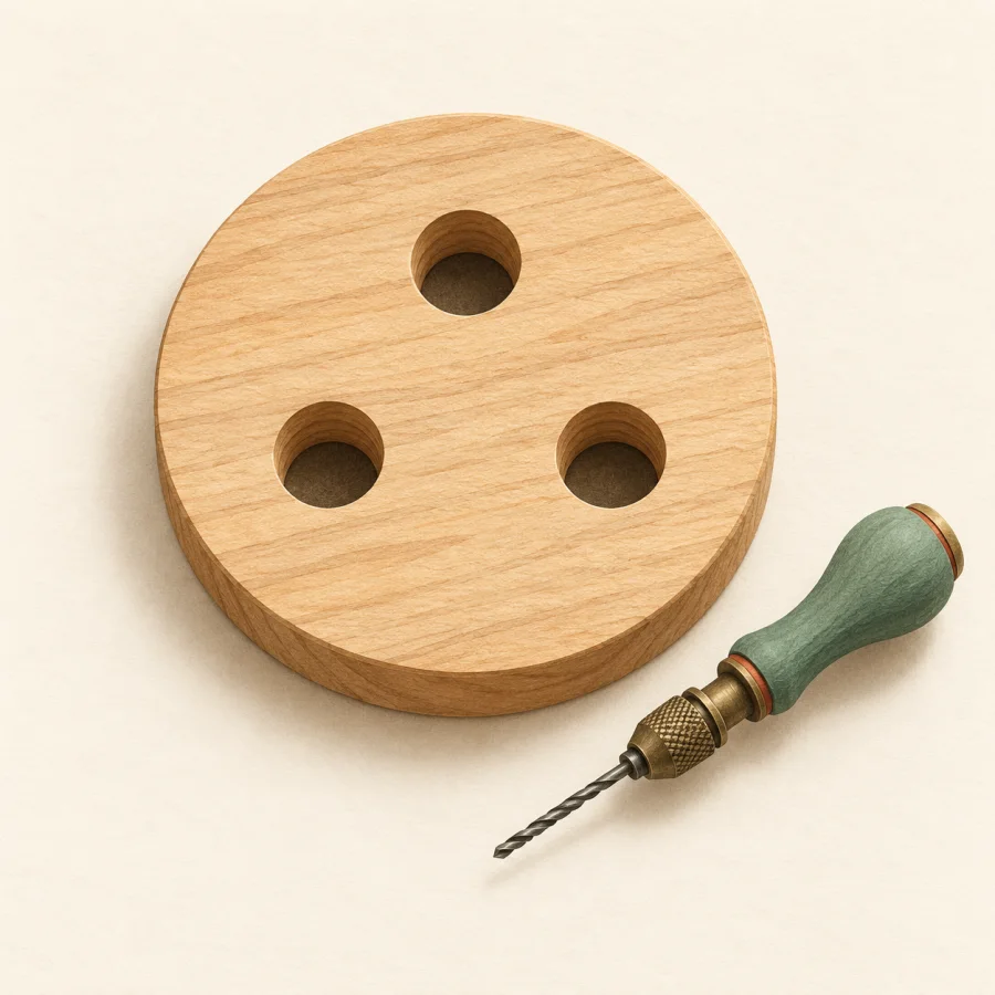 A wooden board with three round holes and a drill