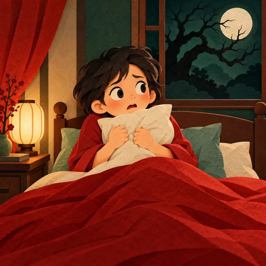 A frightened person under a red blanket hugging a pillow