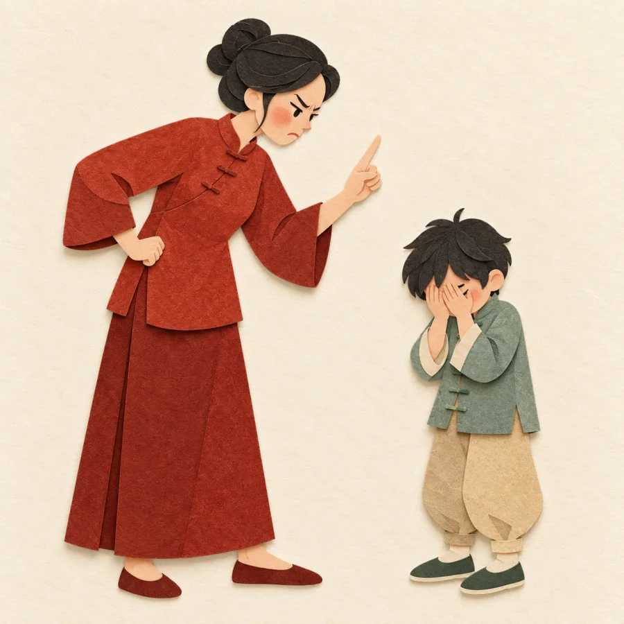 A tall person wags a finger at a shrinking child