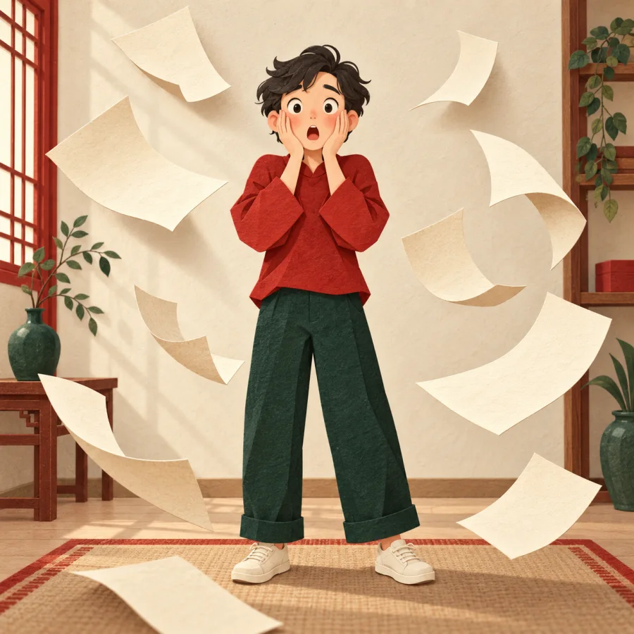 A person clutches their cheeks as papers fly around