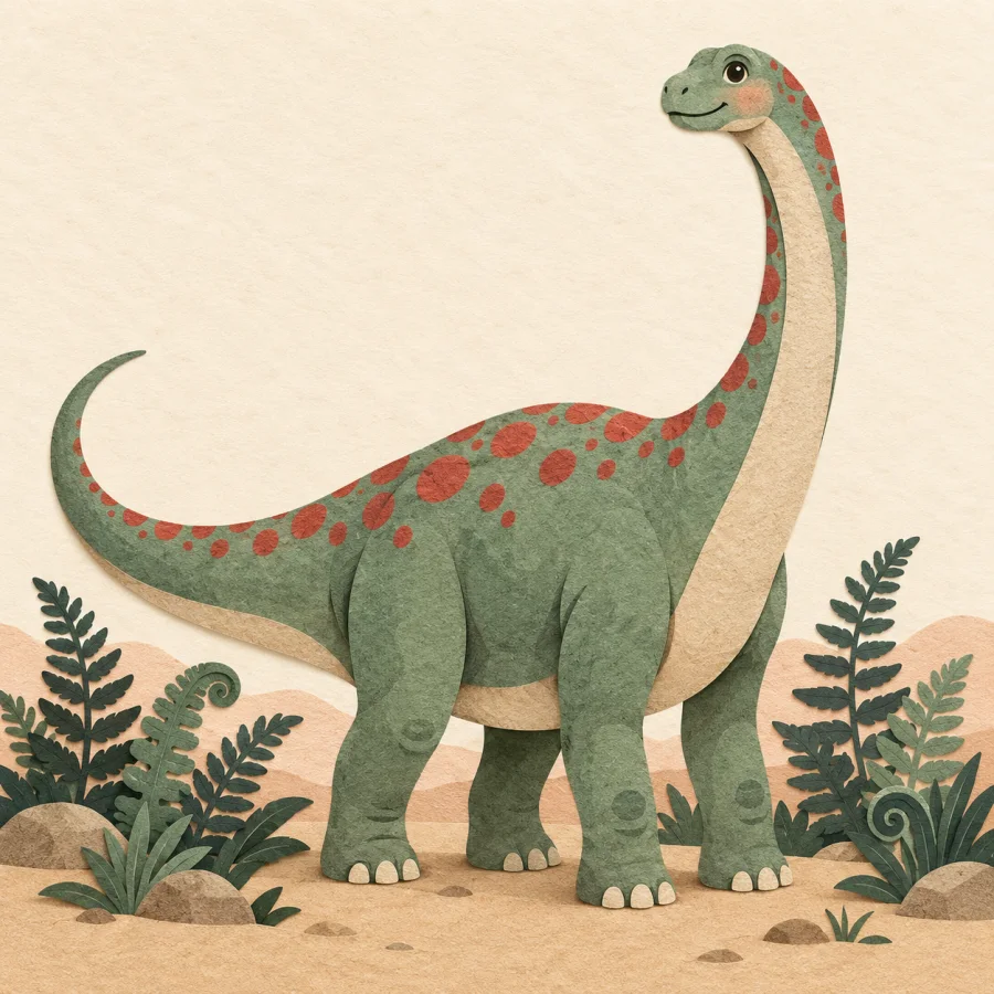 A friendly long-necked dinosaur among ferns