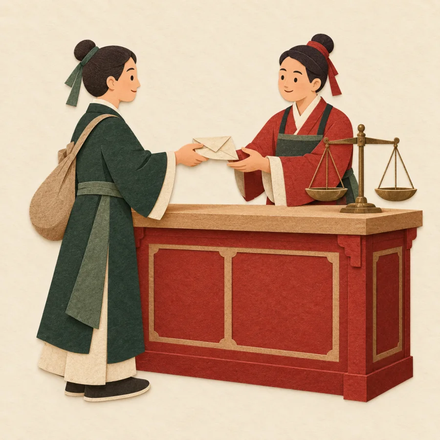 A person hands a paper over a high counter to a clerk