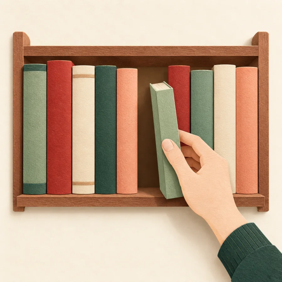 A hand slides a slim book into a narrow gap on a shelf