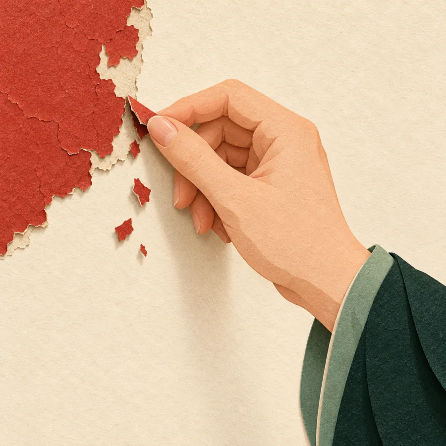 A person picks old paint off a wall with a fingernail