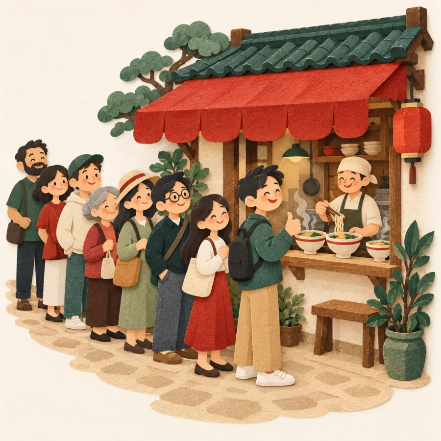 A small noodle shop with a long line of happy customers