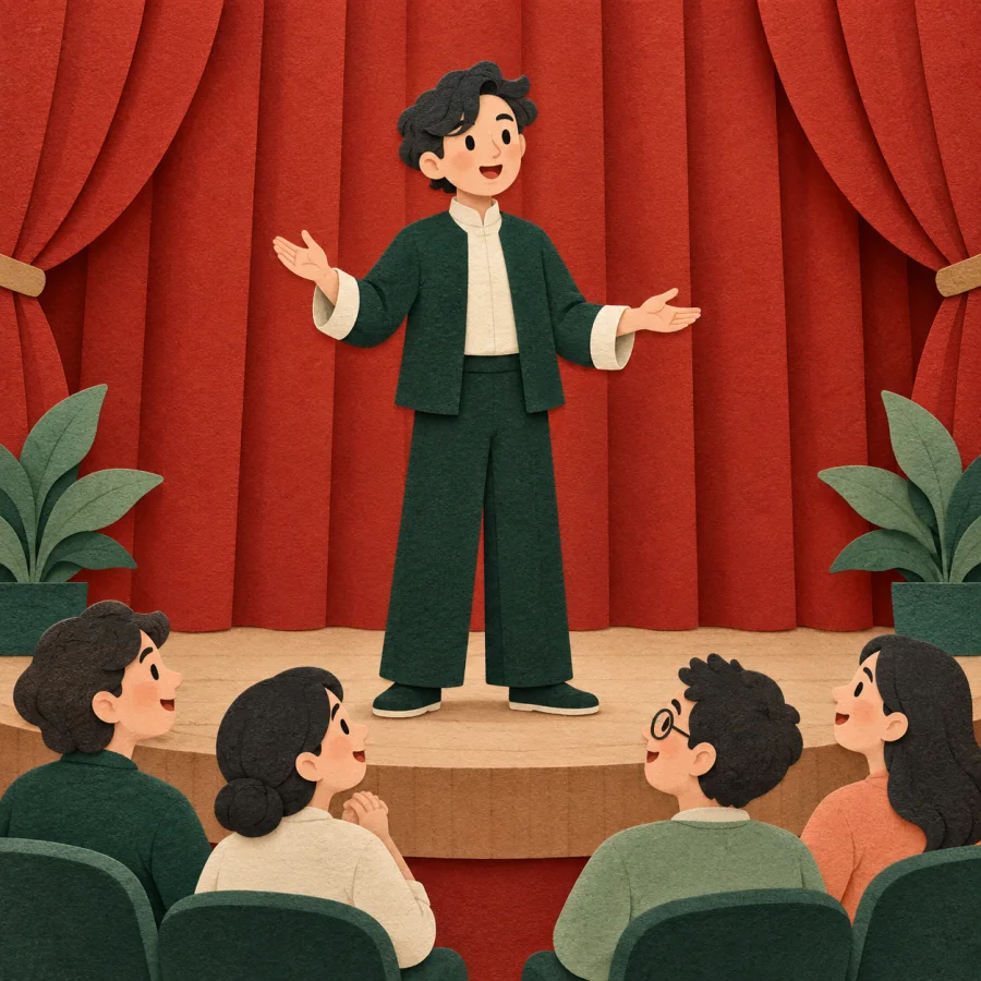 A person speaks on a small stage to smiling listeners