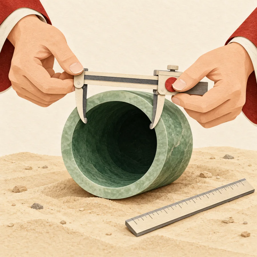 A person measures the round opening of a thick pipe