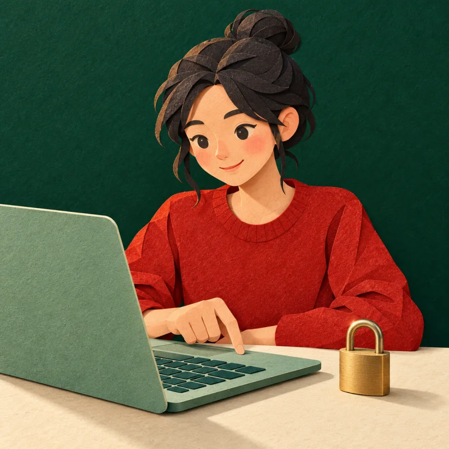 A laptop with a padlock beside it and a finger over the keys