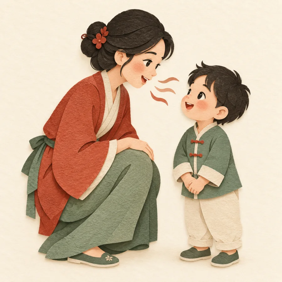 A parent bends down and speaks gently to a child
